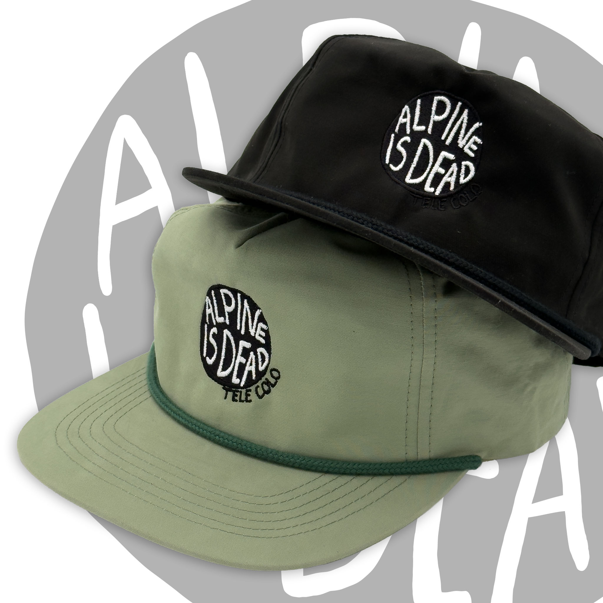 AlpineisDead_Olympic5panel_UnstructuredHat_AngleStack_OliveandStealth_TELECOLO.jpg